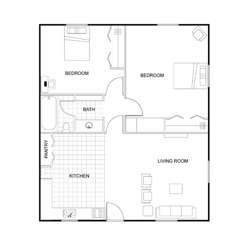 A black and white image of a house floor plan with two bedrooms, a living room, a kitchen, a bath, and a pantry.
